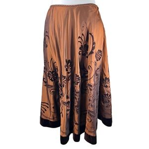 JS Edward Brown Bronze Floral Velvet Trim Midi Skirt Size Small Whimsigoth Fairy